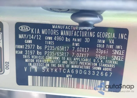 2013 Kia Sorento Lx z USA, uszkodzony, nr VIN 5XYKTCA69DG332667